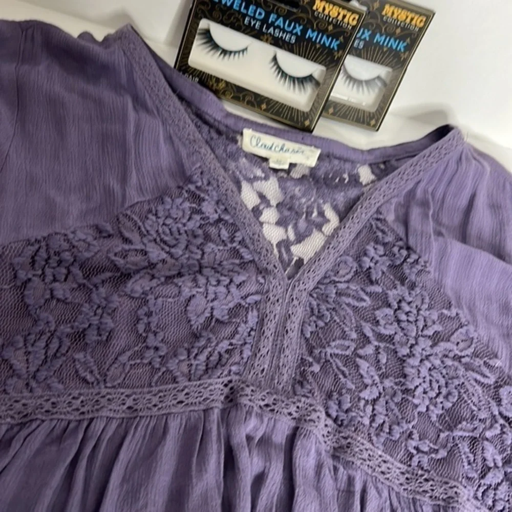 CLOUD CHASER WOMANS DARK LAVENDER BLOUSE SIZE MEDIUM AND MYSTIC EYELASHES